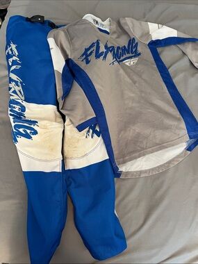 FLY Racing Blue, Gray & White Racing Jersey and Pants Set